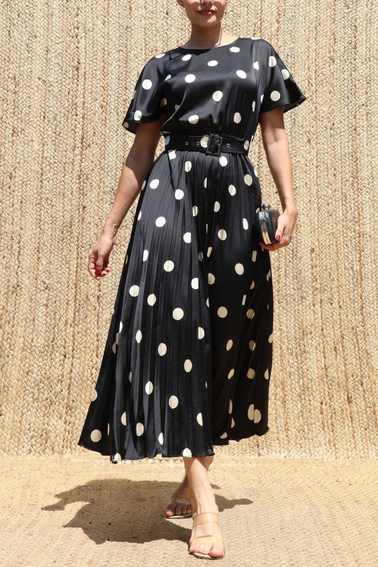 Black/Taupe Satin Polka Dot Midi Dress