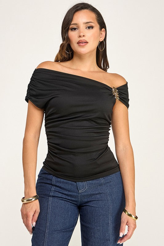 Black Asymmetric Off Shoulder Top