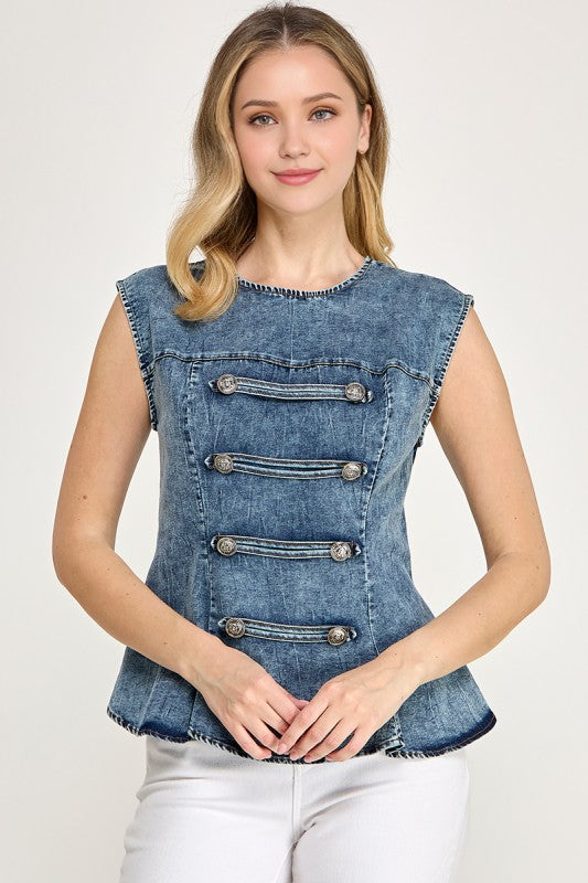 Pre-order Agosto 10 Denim Military Peplum Top