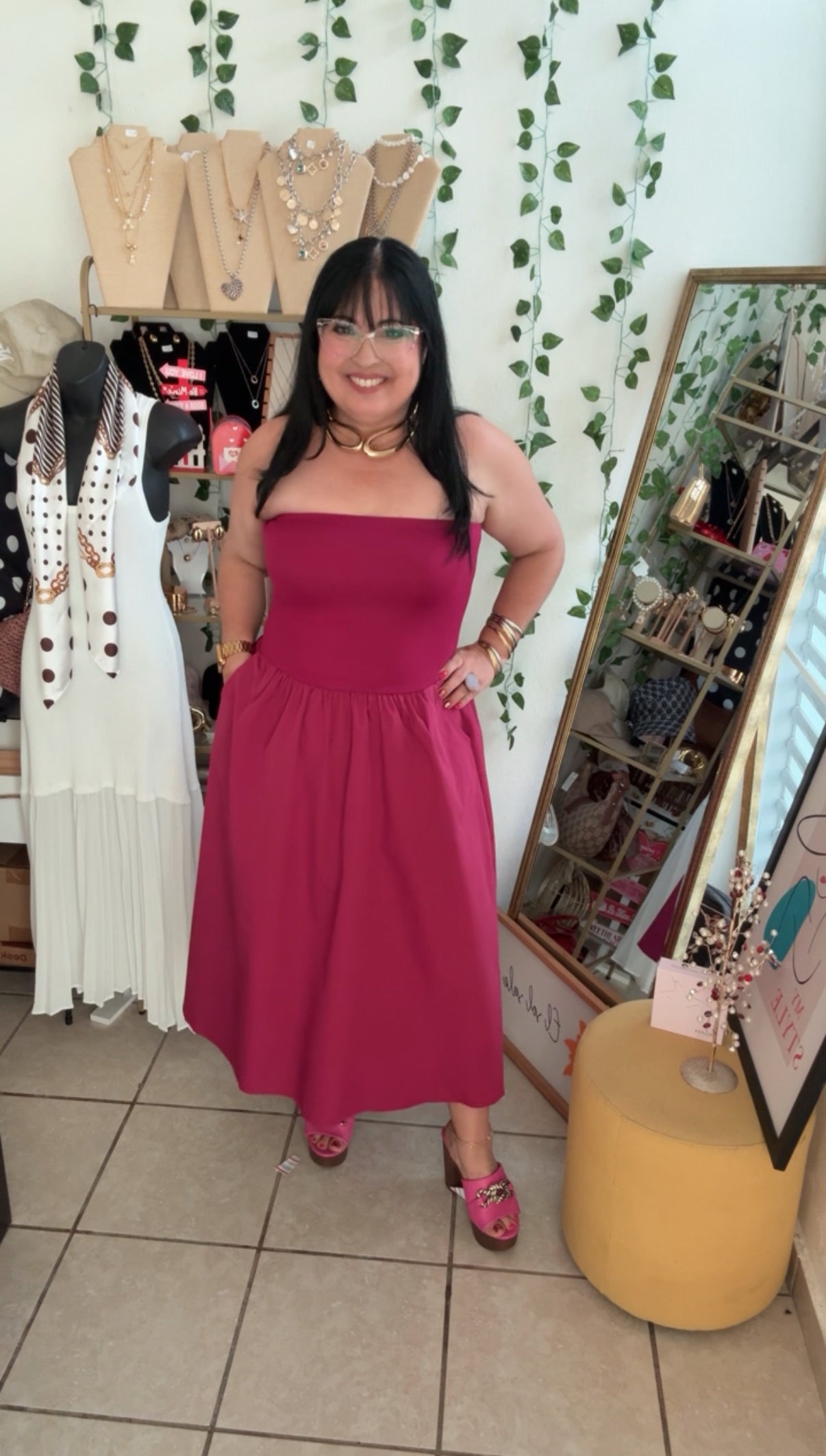 Fuchsia Strapless Midi Dress