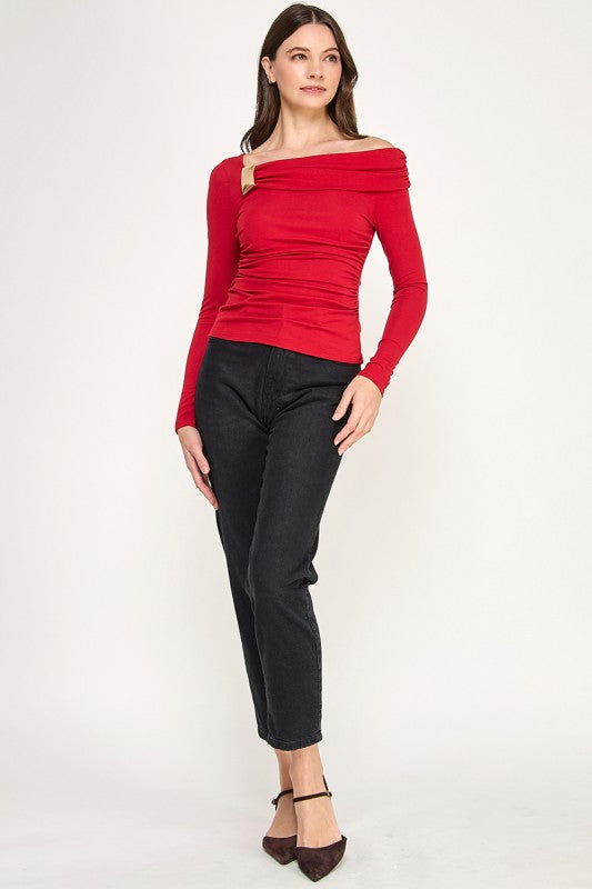 Pre-order Dic 3 Red Open Shoulder Shirt