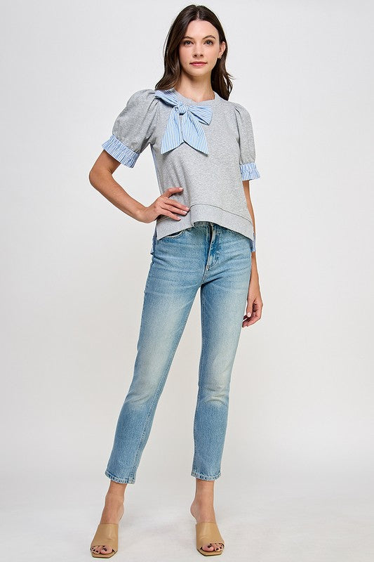 Grey Ribbon Detail Back Button Down Shirt