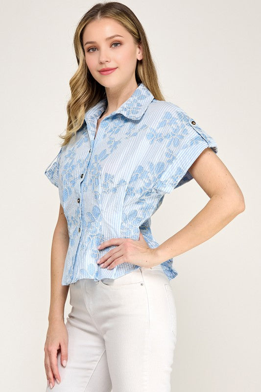 Pre-order June 29 Blue Floral Embroidery Shirt