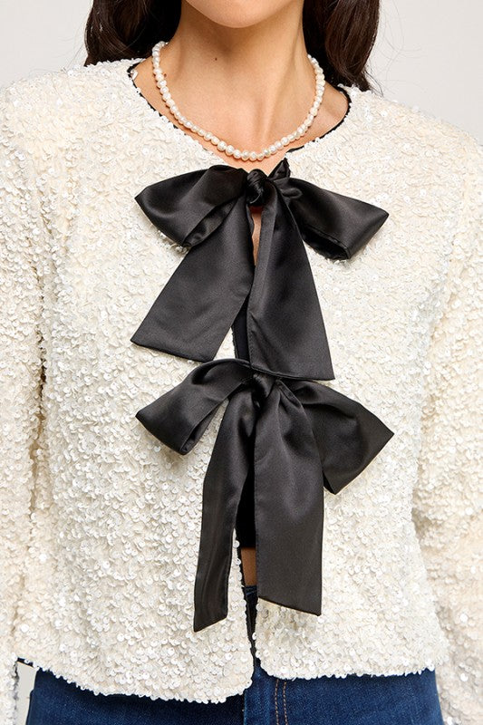 Ivory Sequins Bow Cardigan