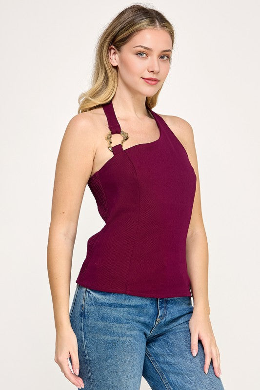 Burgundy Halter Neck Back Smocking Shirt