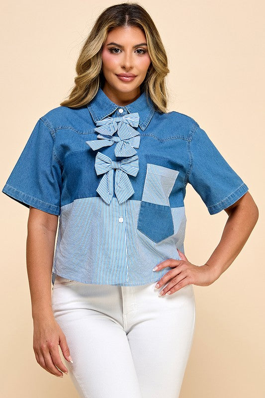 Color Block Denim mini Bows Shirt