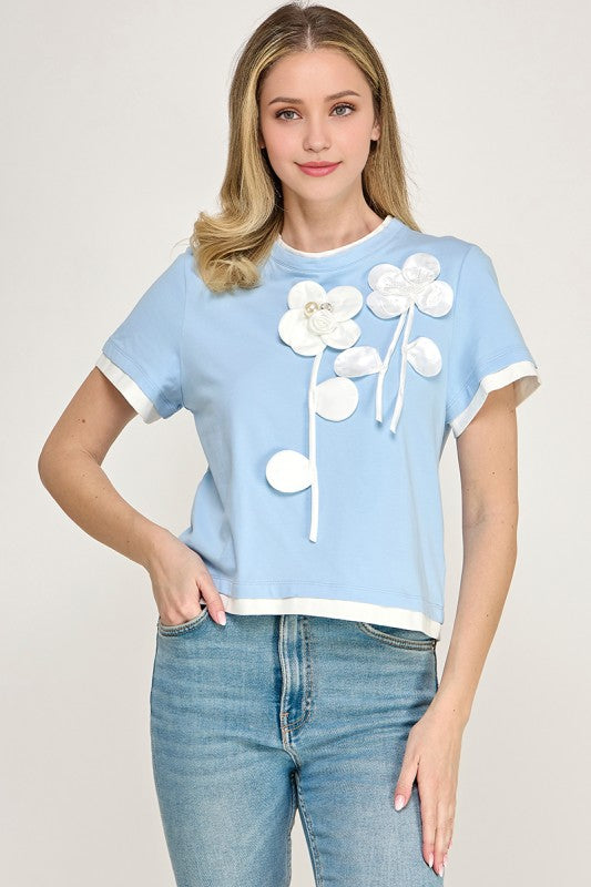 Blue 3D Flower T-Shirt
