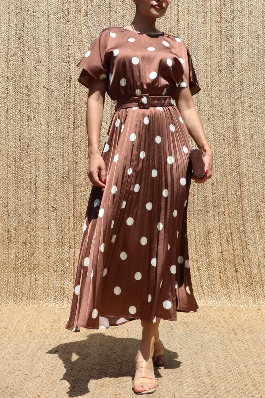 Mocha/Cream Satin Polka Dot Midi Dress