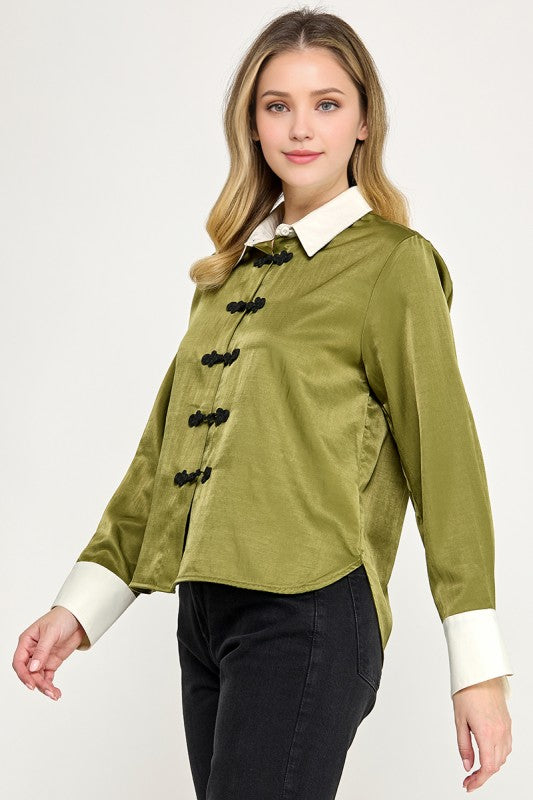 Pre-order Oct 19 Green Long Sleeve Mandarin Satin Blouse