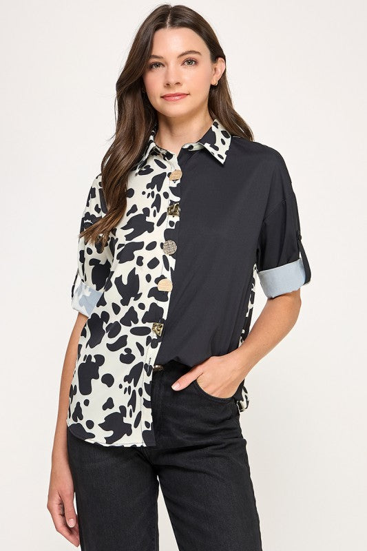 Satin Color Block Animal Print Shirt