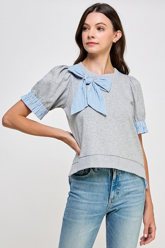 Grey Ribbon Detail Back Button Down Shirt