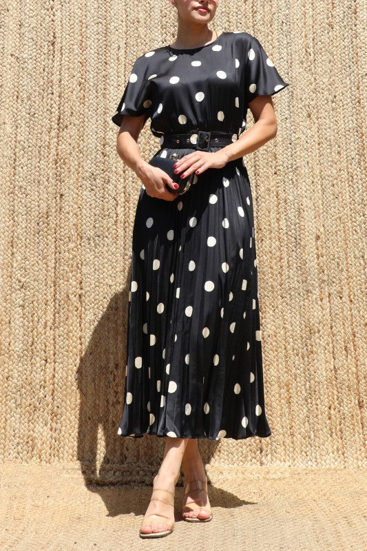 Black/Taupe Satin Polka Dot Midi Dress