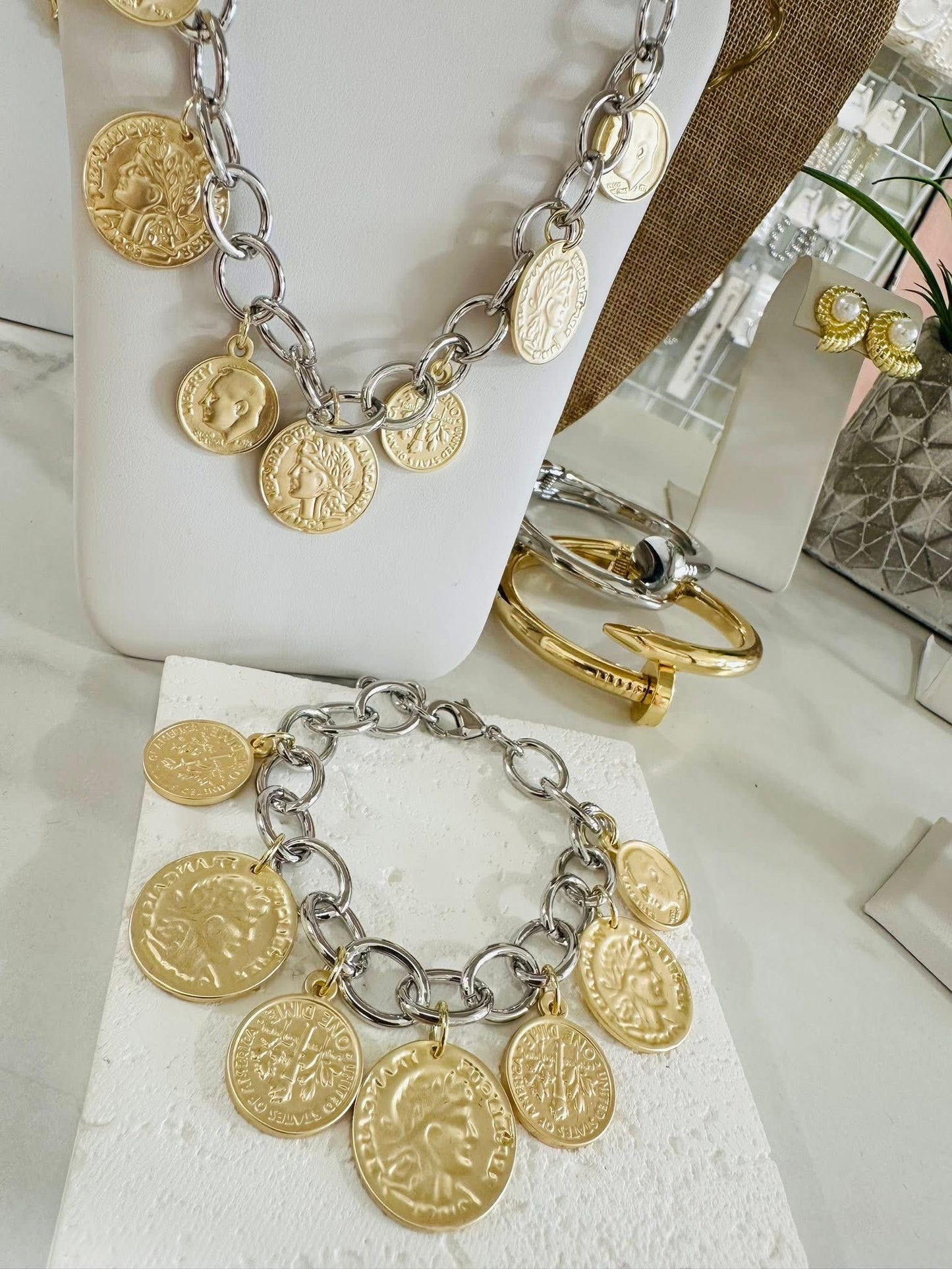 Set Pulsera & Cadena Monedas Silver & Gold