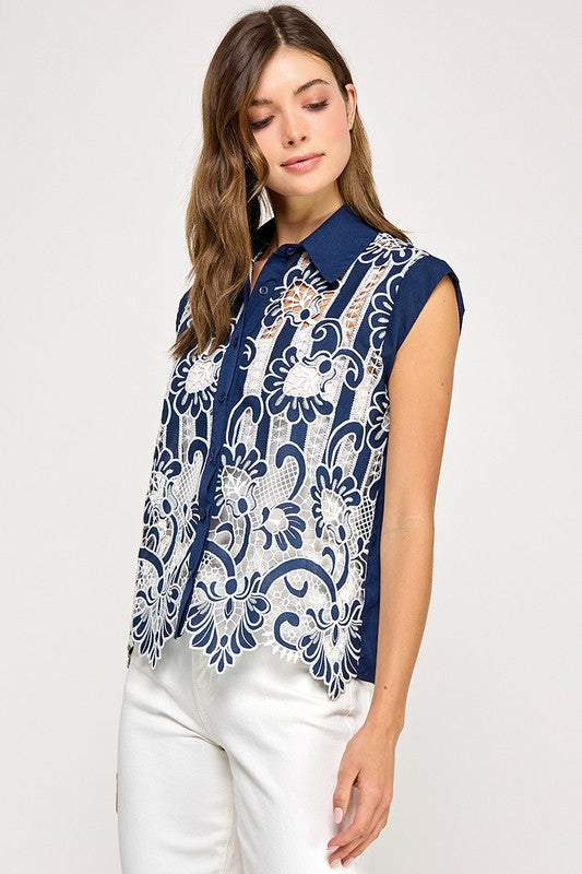 Navy Crochet Top
