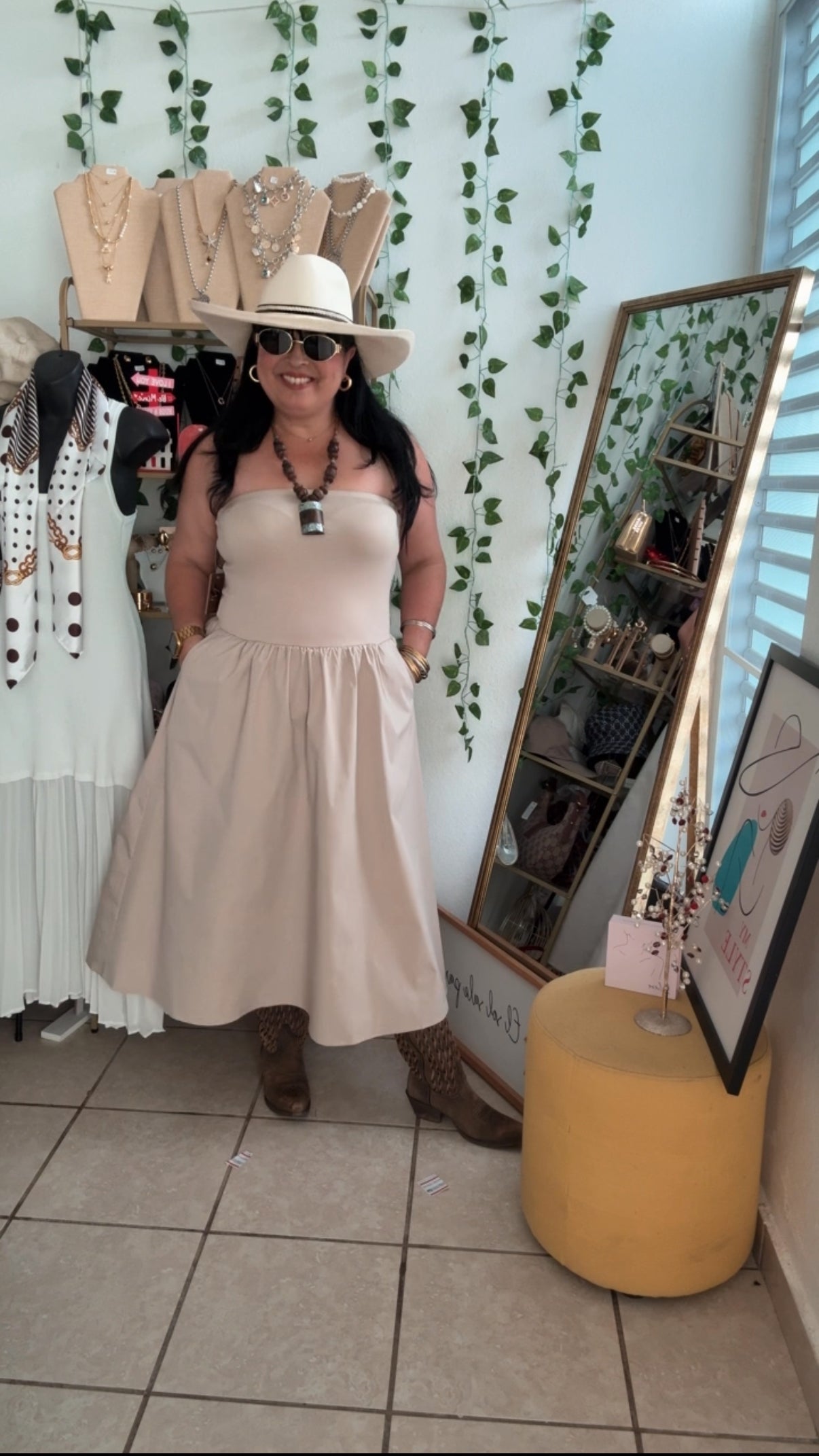 Taupe Strapless Midi Dress