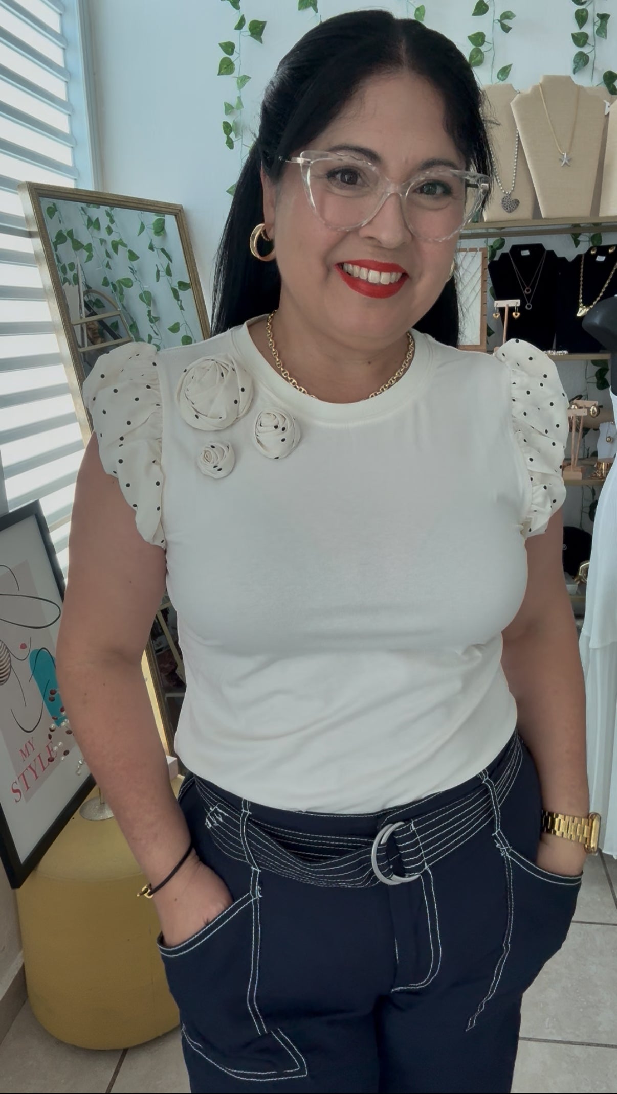 Taupe Ruffle Sleeve and Flower T-Shirt