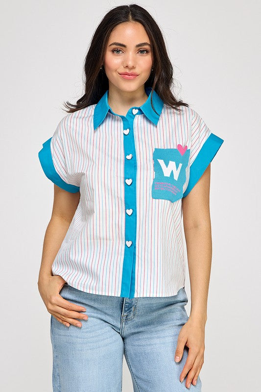 Blue W Button Down Shirt