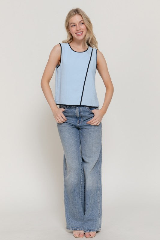 Woven Blue Contrasting Edge Top