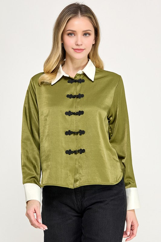 Pre-order Oct 19 Green Long Sleeve Mandarin Satin Blouse