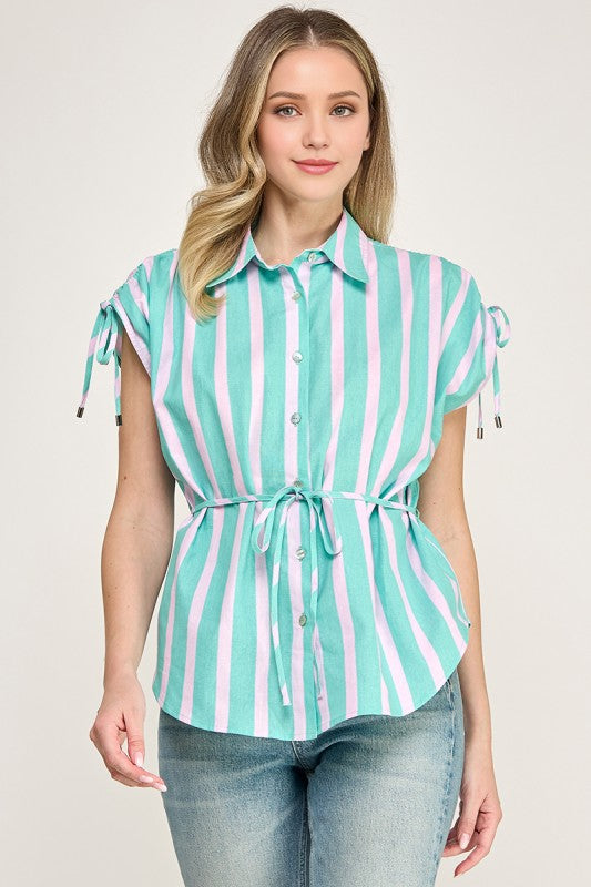 Mint/Pink Drawstring Stripe Shirt