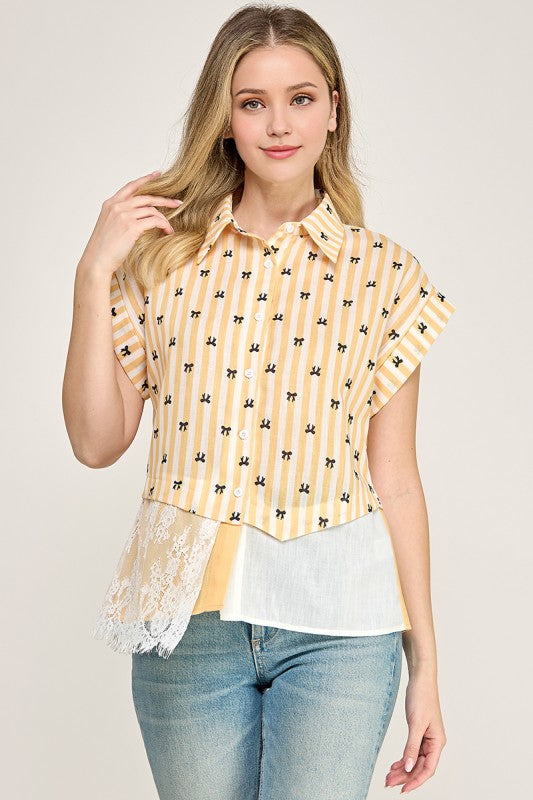 Yellow Assymetrical Lace Shir