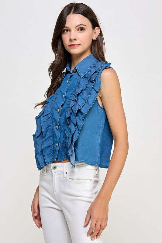 Ruffled Dark Denim Shirt