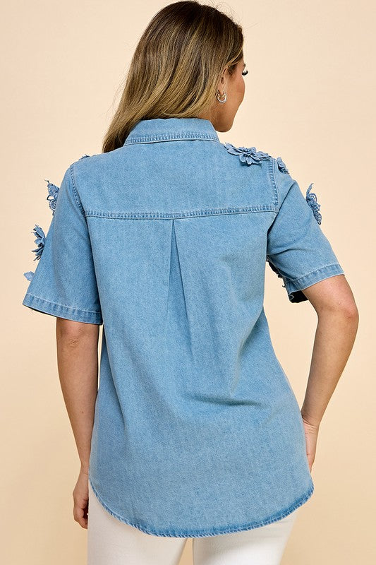 Re-Stock 3D flowers Denim Shirt