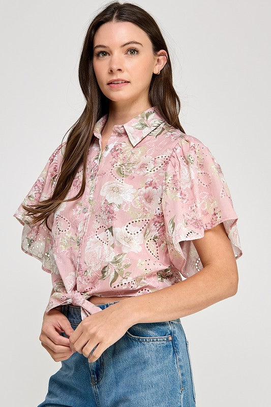 Pink Keyhole Florals Details Shirt