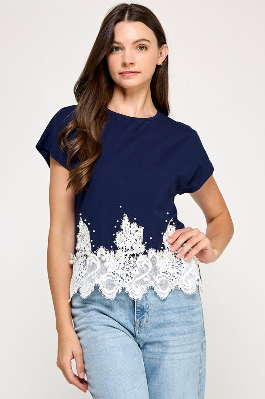 Navy T- Shirt with Bottom in Lace