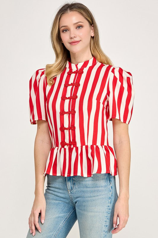 Pre-order Oct 19 Red Puffed Sleeve Mandarin Peplum Shirt