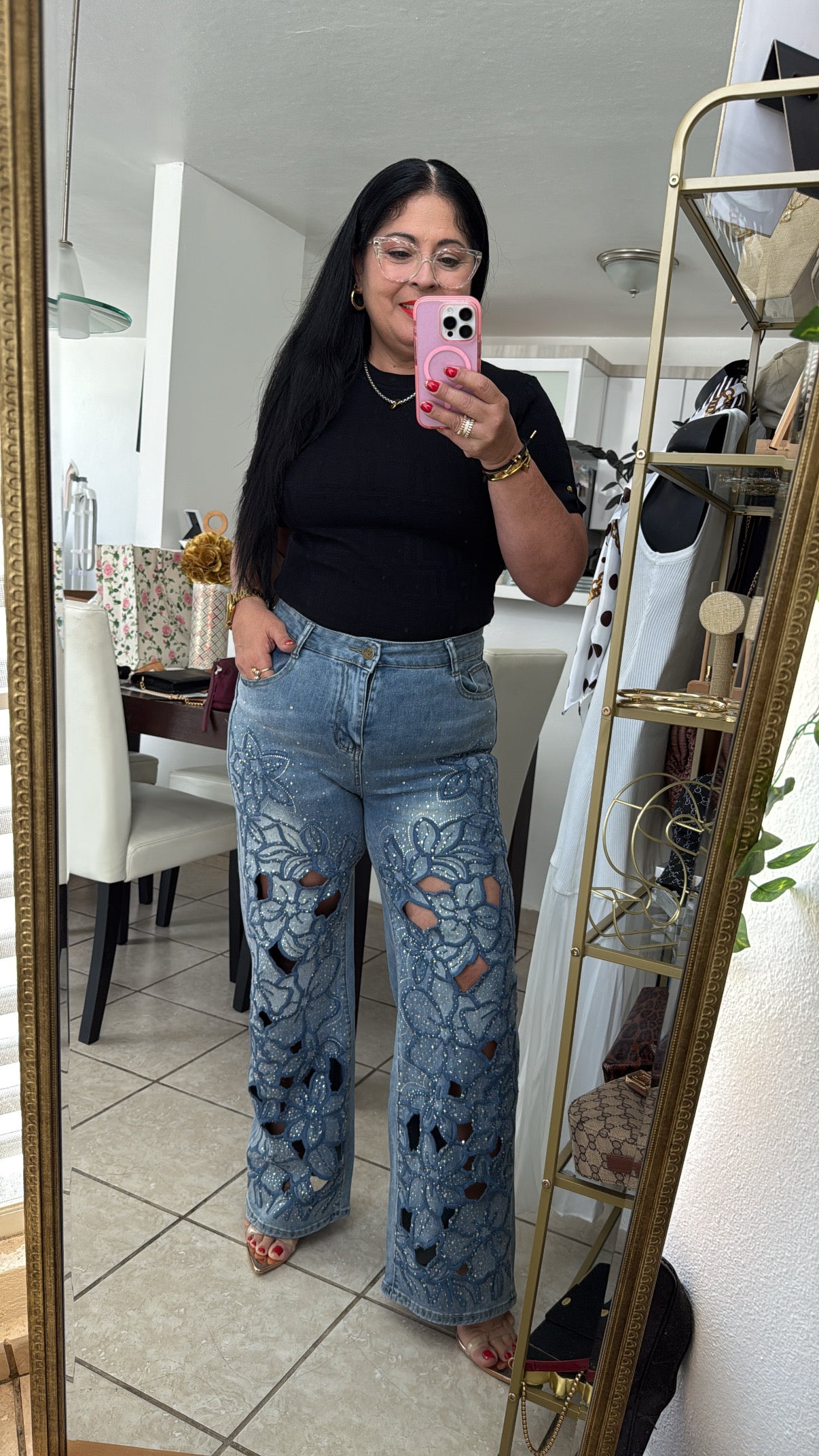 Embroidery Rhinestone Straight Leg Jeans