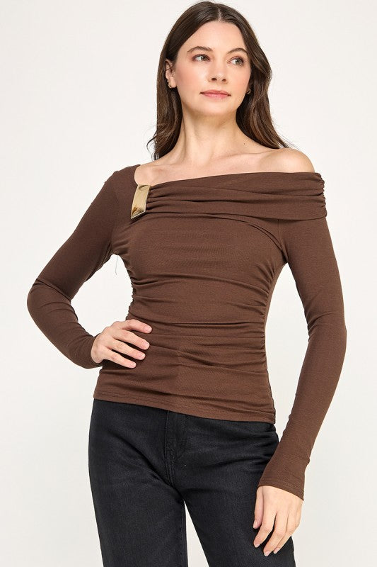 Pre-order Dic 3 Brown Open Shoulder Shirt