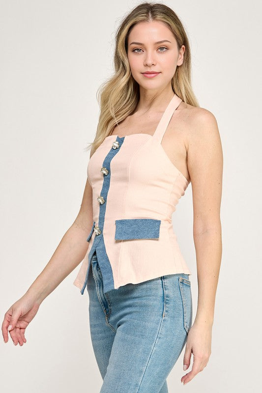 Pink Flower Button Halter Top