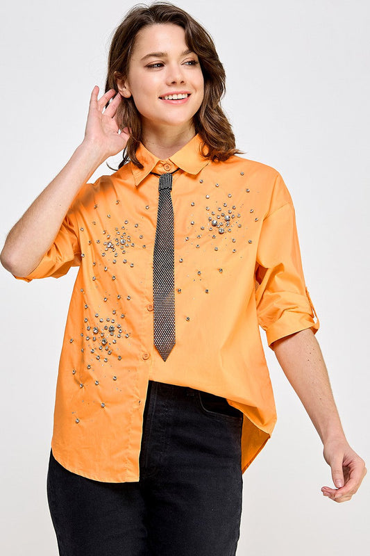 Orange Tie in Rhinestone Shirt