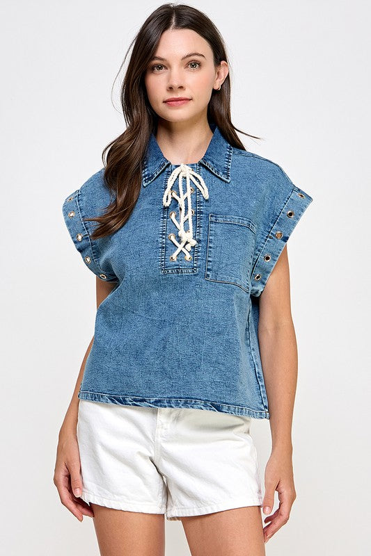 Striping Collar Denim Shirt