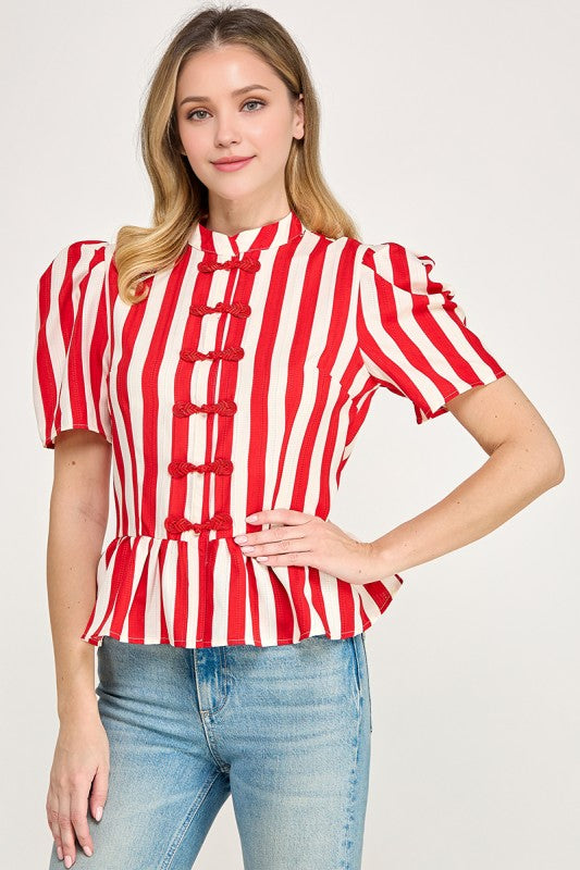 Pre-order Oct 19 Red Puffed Sleeve Mandarin Peplum Shirt