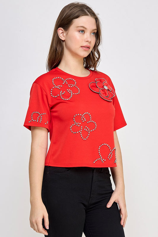 Pre-order Enero 13 Red Rhinestone Flower Top