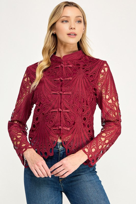 Pre-order Oct 19 Burgundy Mandarin Lace  Top