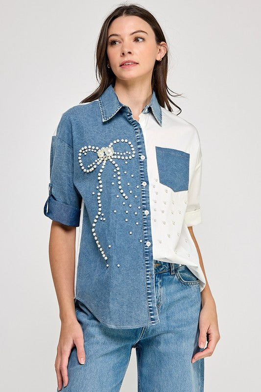 Denim Color Block Bow in Pearls Shirt