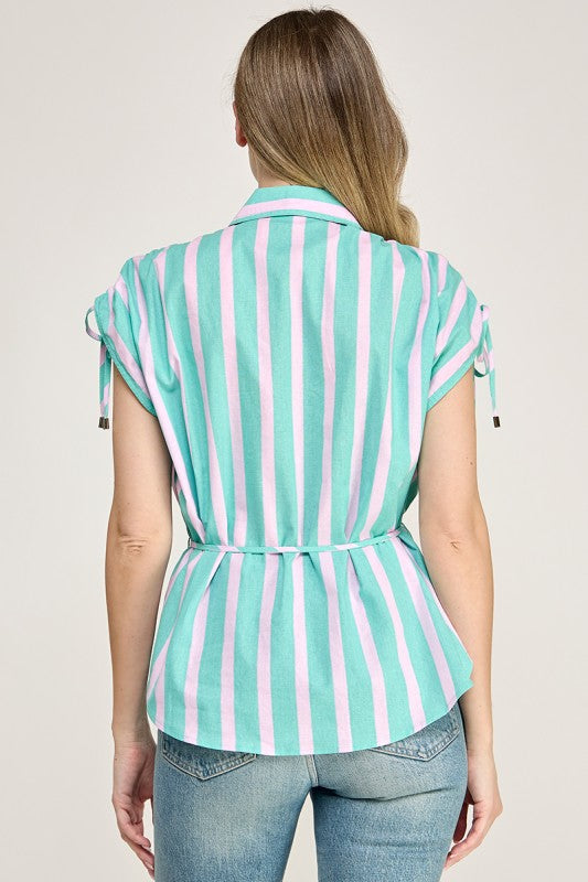 Mint/Pink Drawstring Stripe Shirt