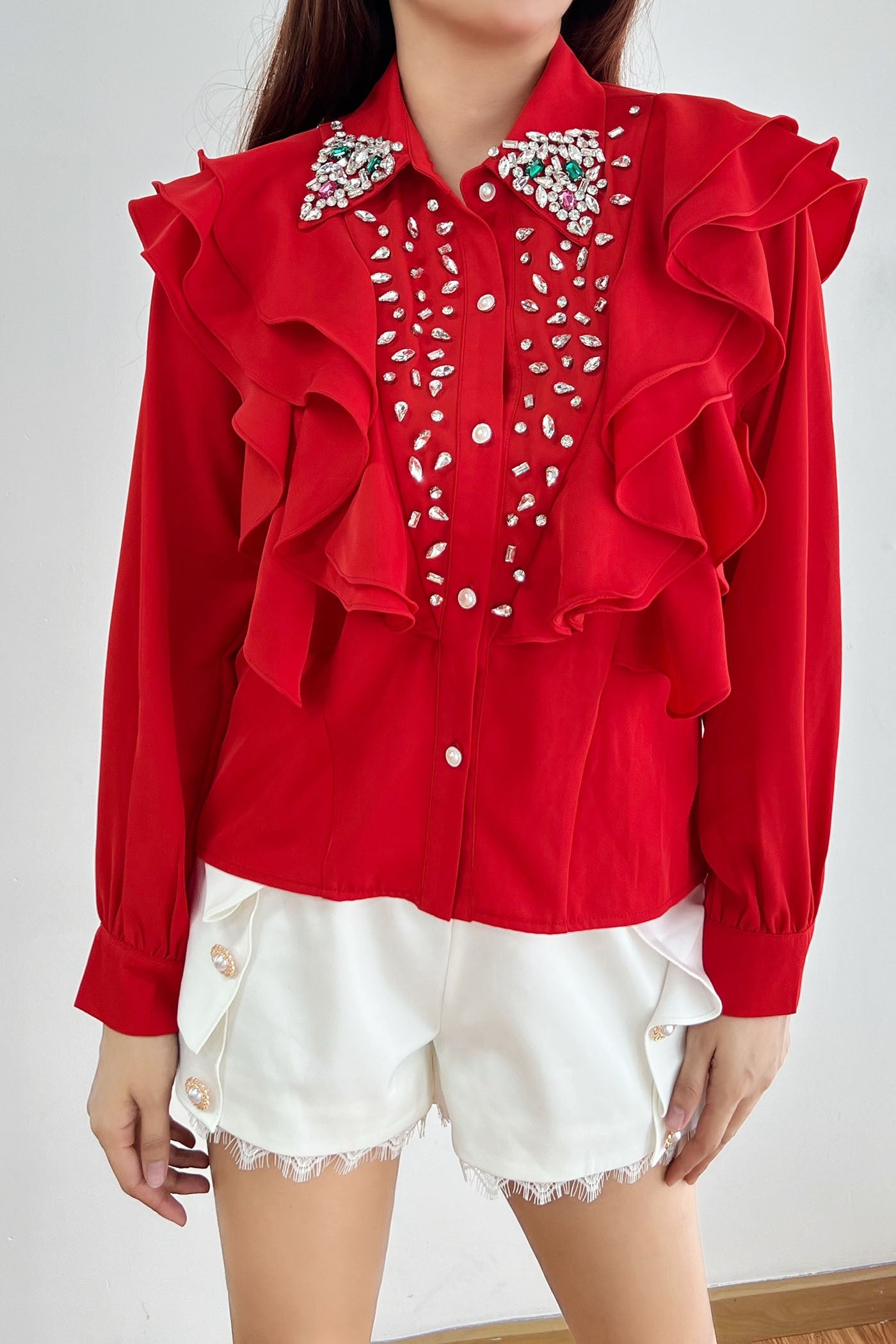 Embellished with Rhinestone Satin Shirt