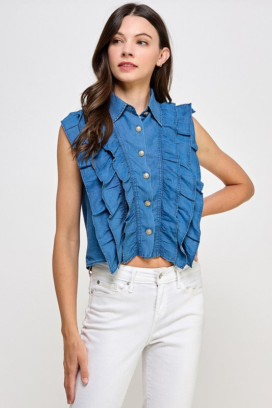 Ruffled Dark Denim Shirt