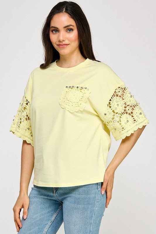 Yellow Lace & Pearls Detail T-Shirt