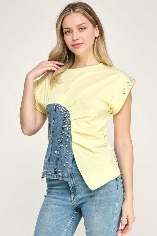Yellow Color Block Rhinestone T- Shirt