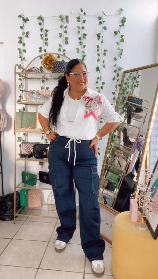 Stretchy Wide Leg Cargo Denim