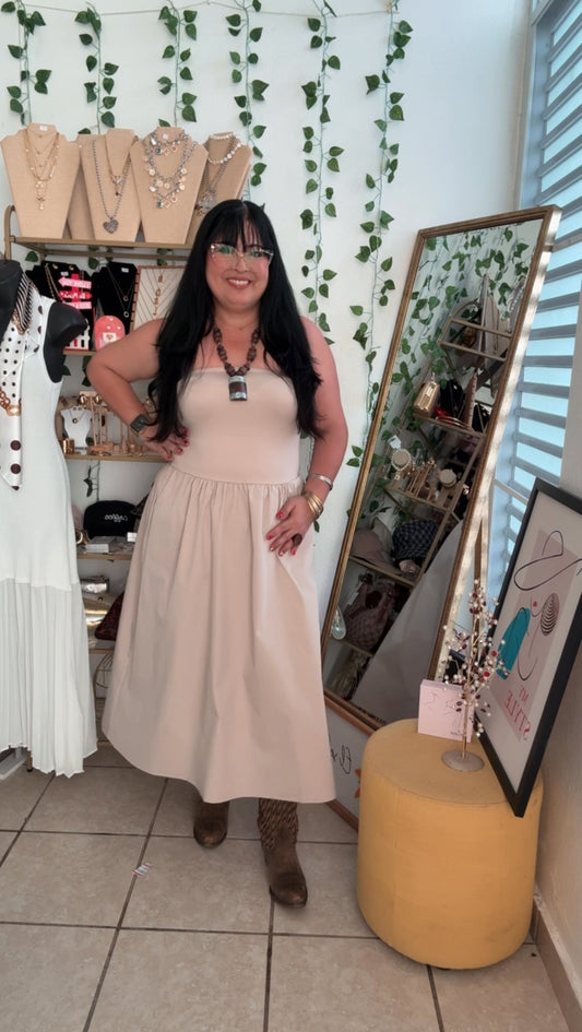 Taupe Strapless Midi Dress