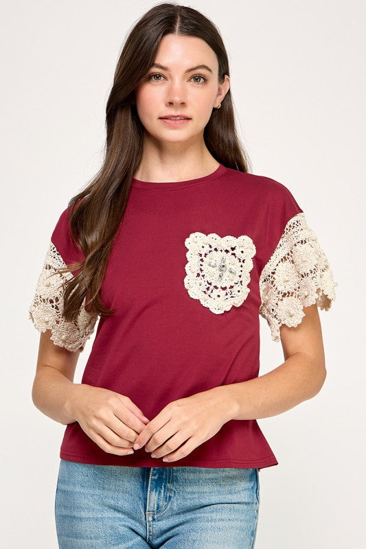 Burgundy Lace Crochet T-Shirt