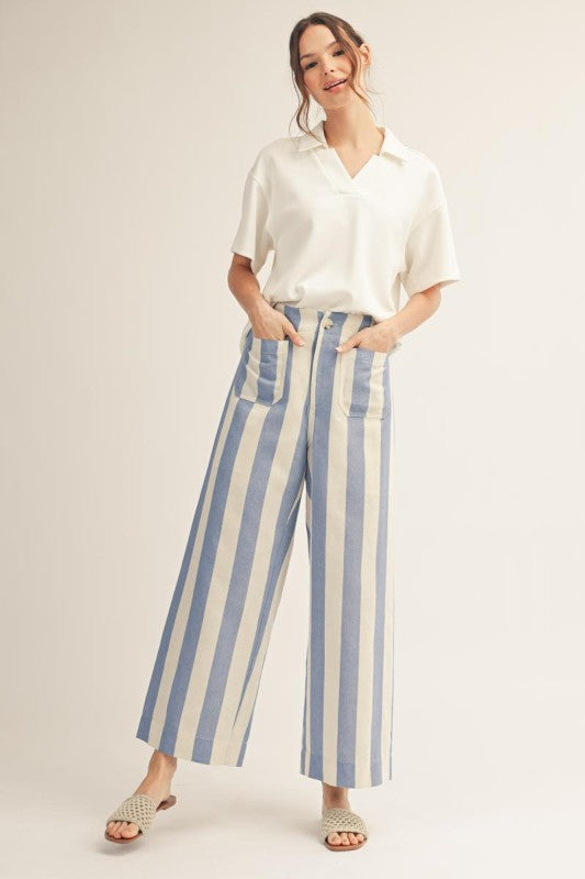Blue High Waist Wide Leg Stripe Pants