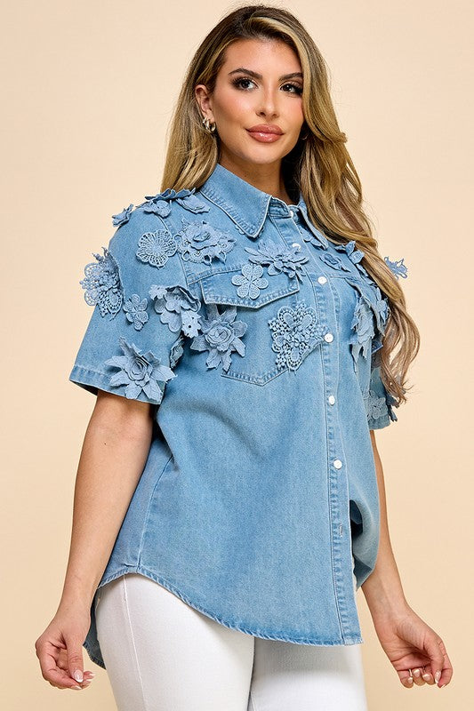 Re-Stock 3D flowers Denim Shirt