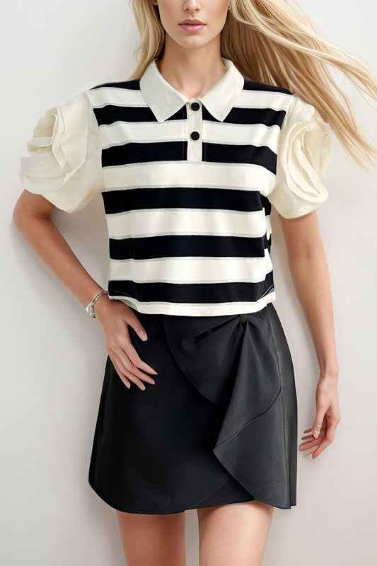 Striped Polo with Flower Sleeve